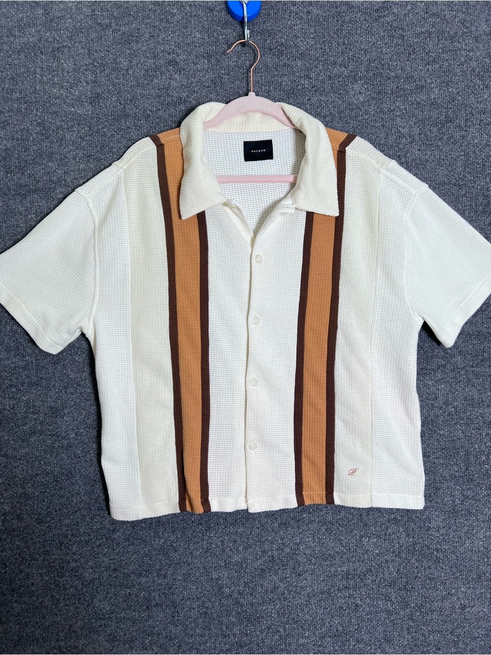 PacSun Cream Knit Button-Down Shirt with Brown and Tan Stripes